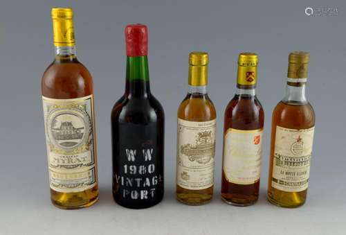 Four bottles of dessert wine include: Chateau De M