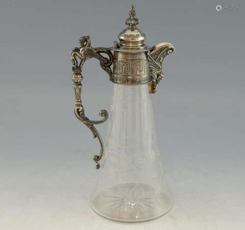 Silver plated mounted cut glass claret jug, with d