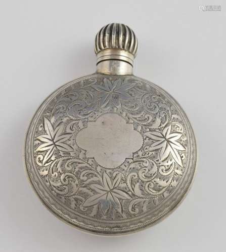 Victorian silver circular perfume bottle with engr