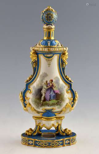 Sevres style vase and cover, blue ground painted w