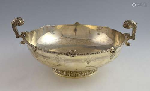 George VI silver bowl with twin lion's head handle