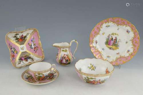 Dresden porcelain pink and white ground cup, sauce