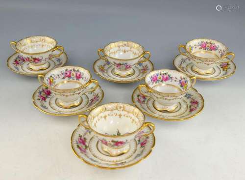 Lamm, Dresden porcelain set of six twin handled cu