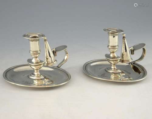 Pair of George III silver chambersticks and snuffe