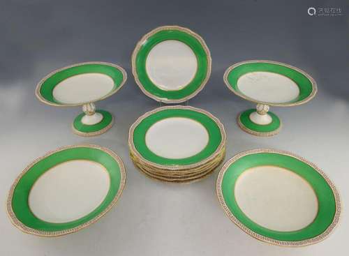 Copeland part dessert service with green banding a