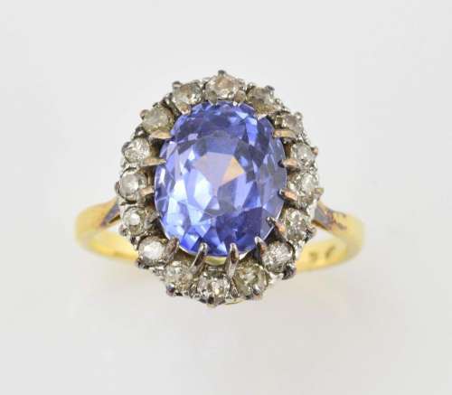 1920's sapphire and diamond cluster ring, oval sap