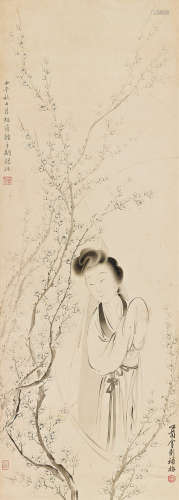 胡锡珪（1834～1883）  金心兰（1841～1909） 1882年作 萤窗赏梅 立轴 设色纸本