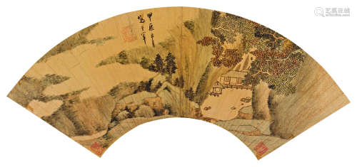 董其昌（1555～1636） 1604年作 春山茅屋 扇面 设色纸本泥金