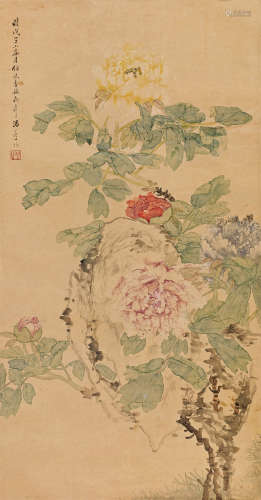 汤世澍（1831～1903） 1888年作 寿石牡丹 立轴 设色纸本