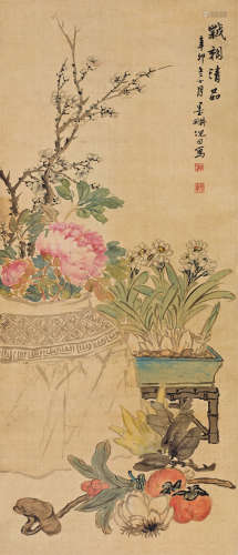 倪田（1855～1919） 1891年作 岁朝清品 立轴 设色绢本