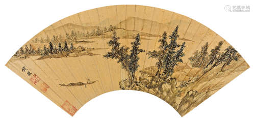 钱榖（1508～1578） 山斋待客 扇面 设色纸本泥金