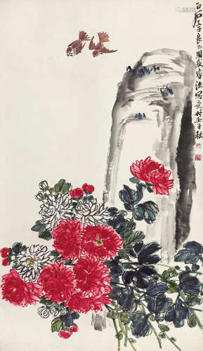 齐良巳（1923～1988） 1972年作 菊雀图 立轴 设色纸本