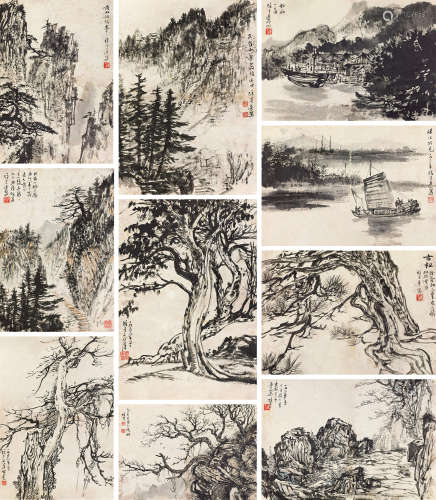 黎雄才（1910～200） 山水 册页 （十开） 设色纸本