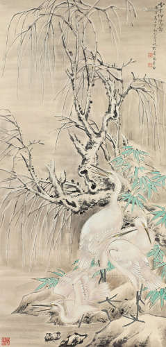 陆抑非（1908～1997） 1950年作 雪中柳鹭图 立轴 设色纸本