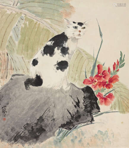 江寒汀（1903～1963） 蕉石小猫 立轴 设色纸本