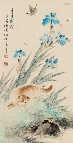 王雪涛（1903～1982）  曹克家（1906～1979） 猫蝶图 镜心 设色纸本