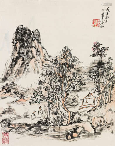 黄宾虹（1865～1955） 深山论道 镜心 设色纸本