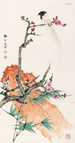 田世光（1916～1999） 梅竹绶带 镜心 设色纸本