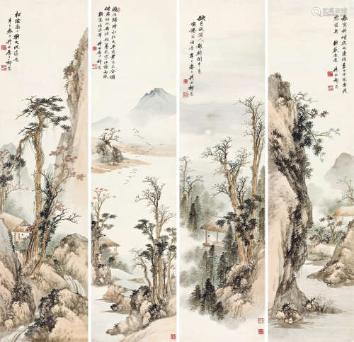 祁崑（1901～1944） 1941年作 山水四屏 立轴 设色纸本