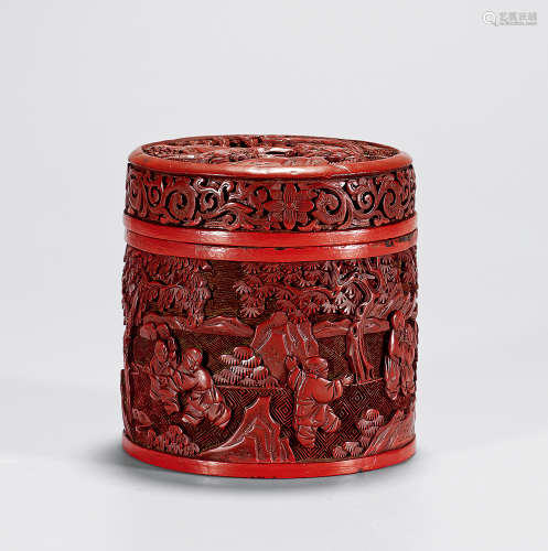 铜胎雕漆婴戏纹茶叶罐子