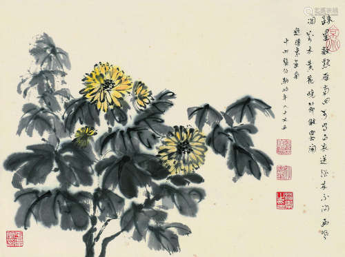 潘素 菊花 轴 纸