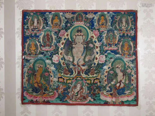 18TH CENTURY, TIBETAN BUDDHISM FOUR ARM GUANYIN TANGKA
