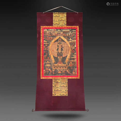 17-19TH CENTURY, A TIBETAN GUANYIN DESIGN TANGKA,QING DYNASTY