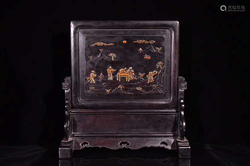 A RED SANDALWOOD FIGURE DESGIN TABLE SCREEN LATE QING DYNASTY