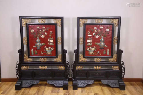 17-19TH CENTURY, A PAIR OF OLD ROSEWOOD TABLE SCREENS,QING DYNASTY