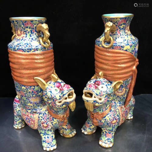A PAIR OF FAMILLE BEAST DESIGN VASES