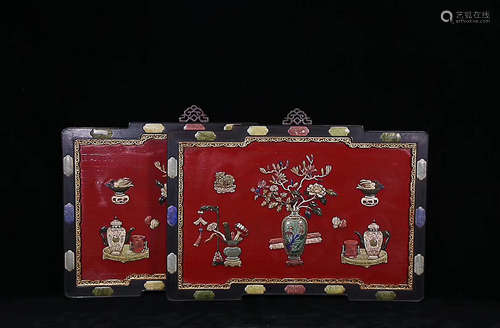 A PAIR OF ROSEWOOD FRAME LACQUER BOARD BOGU HANGING PLAQUES, QING DYNASTY