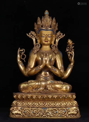 17-19TH CENTURY, A  TIBETAN GILT BRONZE GUANYIN DESIGN FIGURE, QING DYNASTY