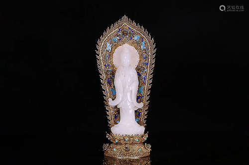 A SILVER GILT HETIAN JADE GUAN YIN STATUE LATE QING DYNASTY