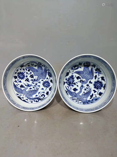 A PAIR OF PHOENIX PATTERN RED GLAZED STEM BOWLS