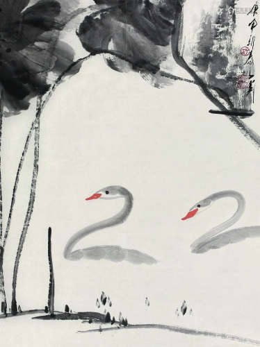 王子武（b.1936） 1980年作 双鹅 立轴 纸本设色