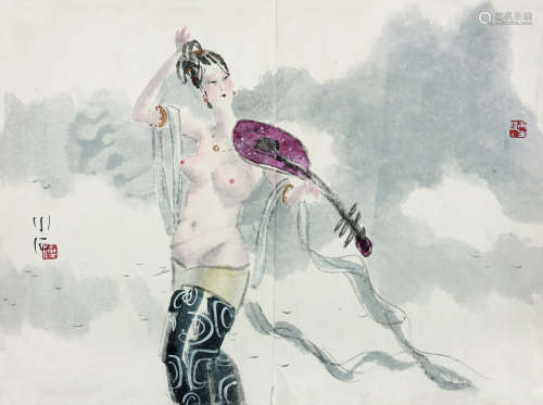 傅小石（1939～2016） 犹抱琵琶半遮面 镜心 纸本设色