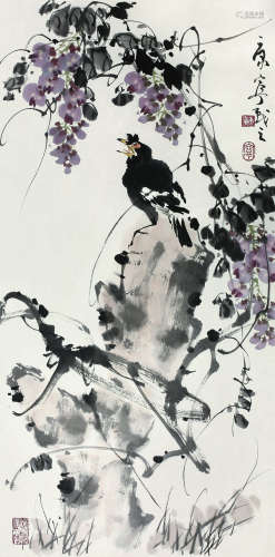 康宁（b.1950） 紫藤八哥 镜心 纸本设色