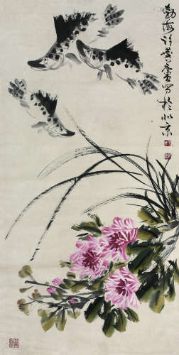 许麟庐（1916～2011） 花卉·鱼 立轴 纸本设色