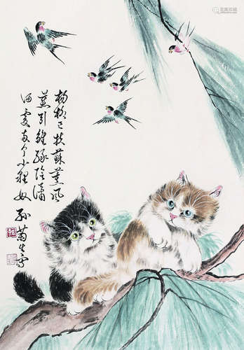 孙菊生（b.1913） 柳荫猫趣 立轴 纸本设色