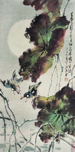 赵少昂（1905～1998） 1948年作   荷塘翠鸟 立轴 纸本设色