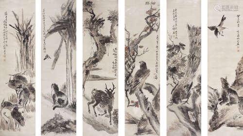 高其佩（1660～1734） 指画·花鸟 六屏立轴 纸本设色