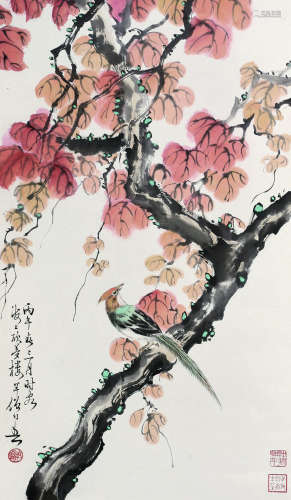 黄幻吾（1906～1985） 1966年作   红叶小鸟 立轴 纸本设色