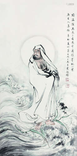 吴青霞（1910～2008） 1951年作   一苇渡江 立轴 纸本设色