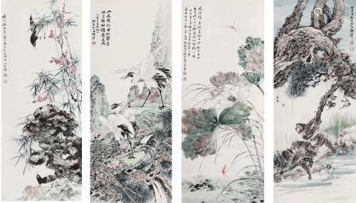 冯超然 陈摩 江寒汀 程璋（1882～1954） 花鸟 四条屏立轴 纸本设色