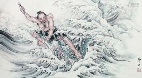 吴光宇（1908～1970） 周处除三害 立轴 纸本设色