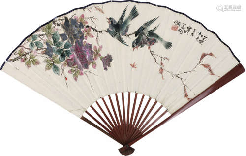 刘子久（1891～1975） 1935年作   花鸟 成扇 纸本设色