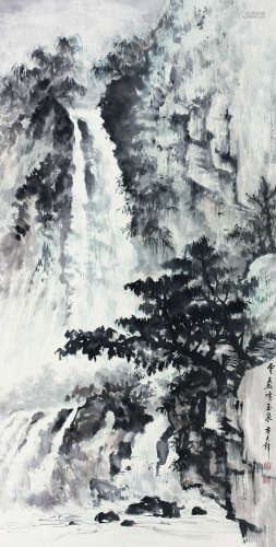 黄君璧（1898～1991） 云崖喷玉泉 立轴 纸本设色