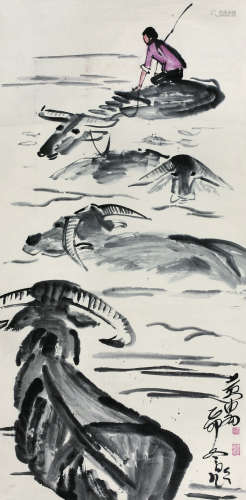 黄胄（1925～1997） 浴牛图 立轴 纸本设色
