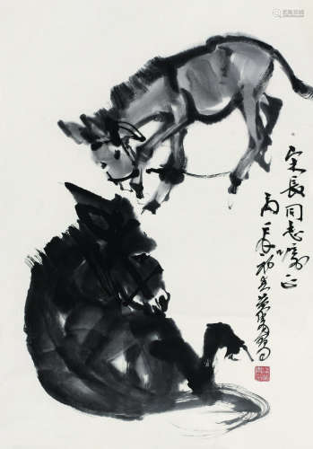 黄胄（1925～1997） 19765年作   双驴 立轴 纸本水墨