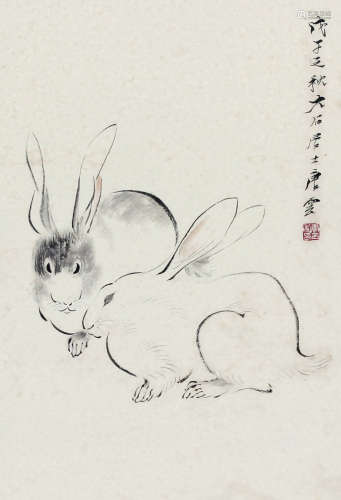 唐云（1910～1993） 1948年作   双兔 镜心 纸本设色